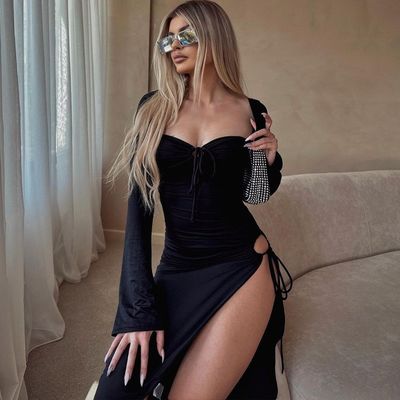 Lange Ärmel Paket Hüftkleid sexy heiße Halter Taille Kleid schwarz eng
