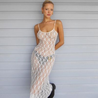 Perspektive Mesh Halter Kleid Kleine Pflaumenblume Rückenlos Lang durchschauen Rock