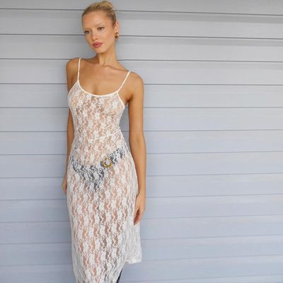 Perspektive Mesh Halter Kleid Kleine Pflaumenblume Rückenlos Lang durchschauen Rock