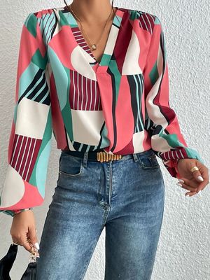 Geometrischer Druck Dekal T-Shirt Dacron Langärmel Top für Damen