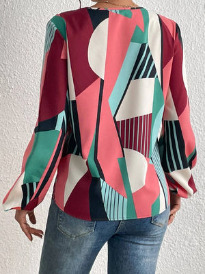 Geometrischer Druck Dekal T-Shirt Dacron Langärmel Top für Damen
