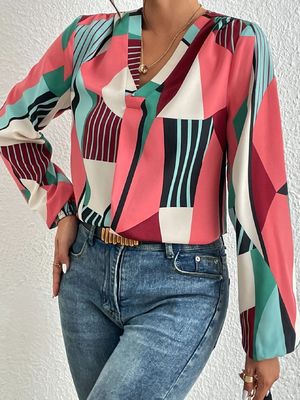 Geometrischer Druck Dekal T-Shirt Dacron Langärmel Top für Damen