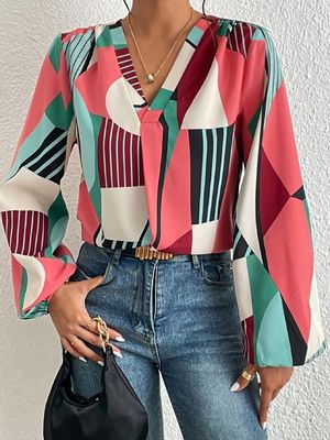 Geometrischer Druck Dekal T-Shirt Dacron Langärmel Top für Damen