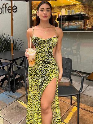 Sexy Rückenlose Hüft Split Kleid Mode heiße Leopard Halter Kleid