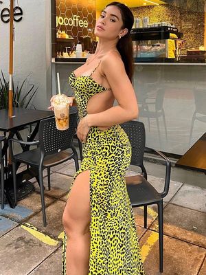 Sexy Rückenlose Hüft Split Kleid Mode heiße Leopard Halter Kleid