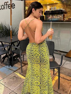 Sexy Rückenlose Hüft Split Kleid Mode heiße Leopard Halter Kleid
