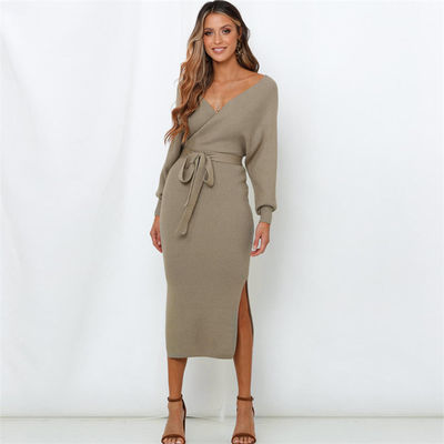 Lange Rock Frauen Pullover Kleid sexy V-Hals Pullover Strick Kleid