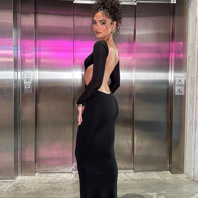 Neue heiße, sexy Kleid mit niedrigem Rücken, Hohl ausgekleidet, langärmelige Hüfttasche, Farbkleid.