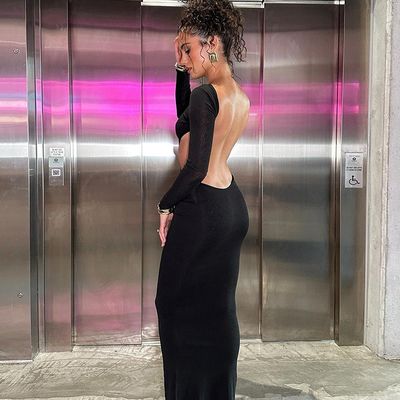 Neue heiße, sexy Kleid mit niedrigem Rücken, Hohl ausgekleidet, langärmelige Hüfttasche, Farbkleid.