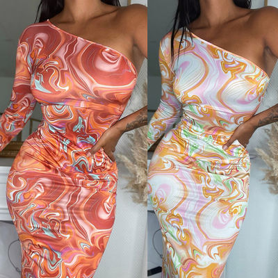 Modedruck Hüftpaket Kleid Diagonale Schulter Langärme Schlankes Fit Kleid Hüft Wrap