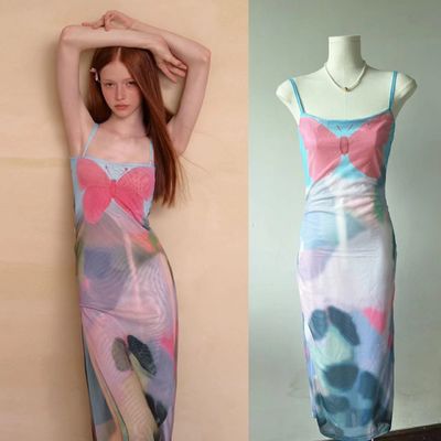 Rosa Blau Schmetterling Halter Kleid Französisch Schnitt Schlank Sexy Kleid Taille Abnehmen