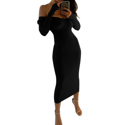 Sexy, stilvolles Damenkleid Groß V-Hals ab Schulter, langärmeliges Kleid