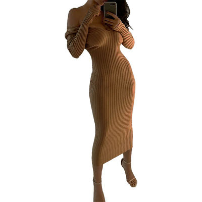 Sexy, stilvolles Damenkleid Groß V-Hals ab Schulter, langärmeliges Kleid