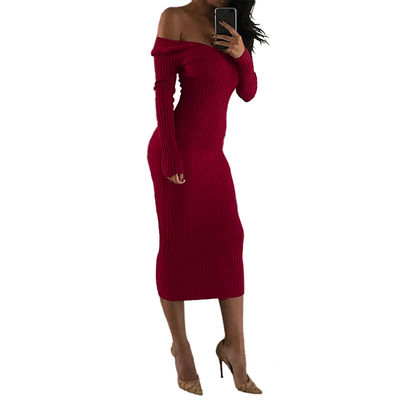 Sexy, stilvolles Damenkleid Groß V-Hals ab Schulter, langärmeliges Kleid