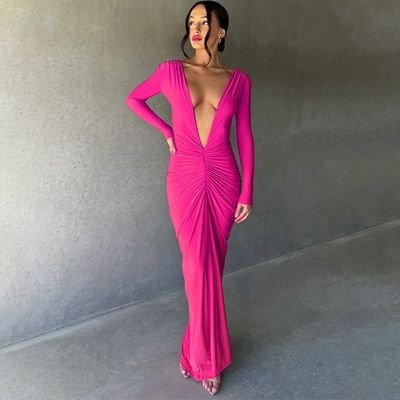 Rosa Rot Stylisches Damenkleid Schlank Sexy Großer V-Hals Kleid Rückenlos Falten Feste Farbe