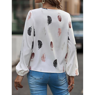 V-Hals-Feder-T-Shirt für Frauen Casual Loose Fit Long Sleeve Top