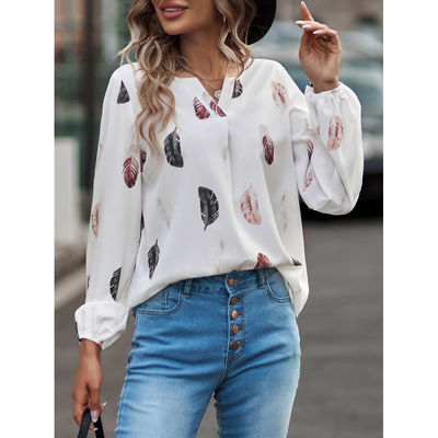 V-Hals-Feder-T-Shirt für Frauen Casual Loose Fit Long Sleeve Top