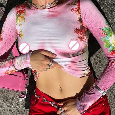 Casual Frauen Langärme T-Shirts Gewürzdruck Slim Fit Crew Hals Langärme Top