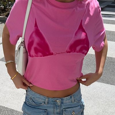 Komfortable T-Shirt mit stilvollem Dekal, sexy Rundhals mit kurzem Ärmeln.