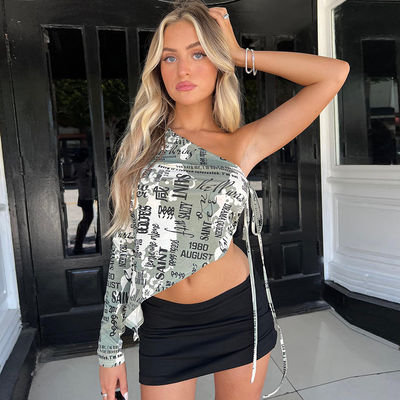 Damen T-Shirt Mode sexy diagonale Kragen eine Schulter Crop Tops Seite Schnürsenkel sexy Crop Print Top
