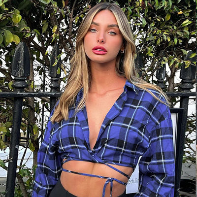 Stylische Plaid sexy Frauen Knöpfe hoch T-Shirt V Hals Langärme T-Shirt mit niedriger Taille