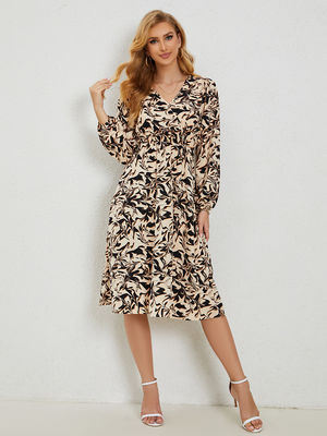 Fitted Floral Print Flock Damen V Hals Floral Kleid Laterne Ärmel Ein Linienrock