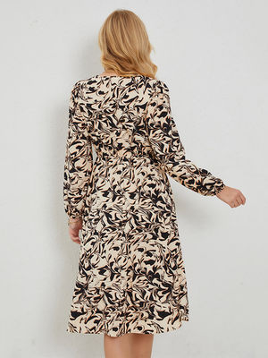 Fitted Floral Print Flock Damen V Hals Floral Kleid Laterne Ärmel Ein Linienrock