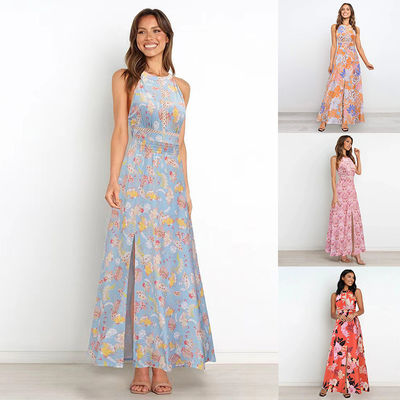 Erwachsene gedruckte Ärmellose Kleider Stilvolle Blumen Halter Maxi Kleid