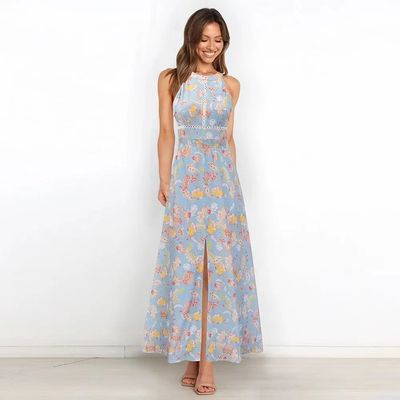 Erwachsene gedruckte Ärmellose Kleider Stilvolle Blumen Halter Maxi Kleid