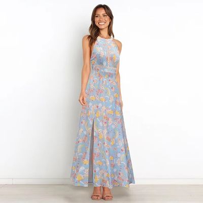 Erwachsene gedruckte Ärmellose Kleider Stilvolle Blumen Halter Maxi Kleid