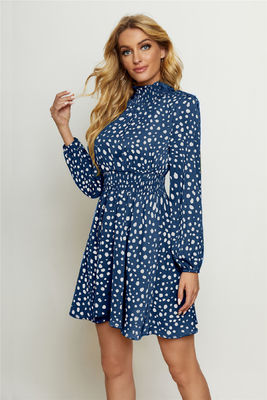 Runder Hochhals Floral Print Flock Fashion Frauen Laterne Langärme Floral Kleid