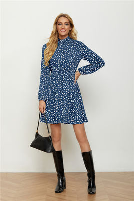 Runder Hochhals Floral Print Flock Fashion Frauen Laterne Langärme Floral Kleid