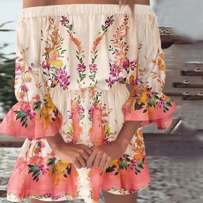 Einzeilenkragen Knie Länge gedruckt Kleid sexy Blumenkleid Taille Locker Kleid