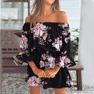Einzeilenkragen Knie Länge gedruckt Kleid sexy Blumenkleid Taille Locker Kleid
