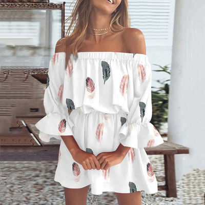 Einzeilenkragen Knie Länge gedruckt Kleid sexy Blumenkleid Taille Locker Kleid