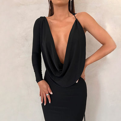 V-Hals schlankes Abendkleid feste Farbe Krawatte eine Schulter Hohl schwarzes sexy Abendkleid