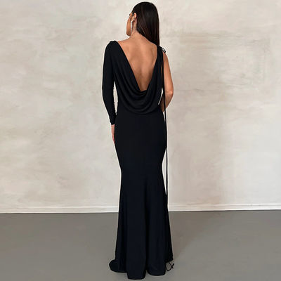 V-Hals schlankes Abendkleid feste Farbe Krawatte eine Schulter Hohl schwarzes sexy Abendkleid