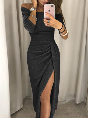 Glitter Damen schlanke Abendkleid Tasche Hüftkleid Schnitt Hals Kleid Abendkleid
