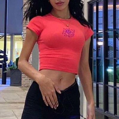 Runder Hals Sexy Enge T-Shirts Feste Farbe Sexy Crop Enge Passform Kurzärme Shirt