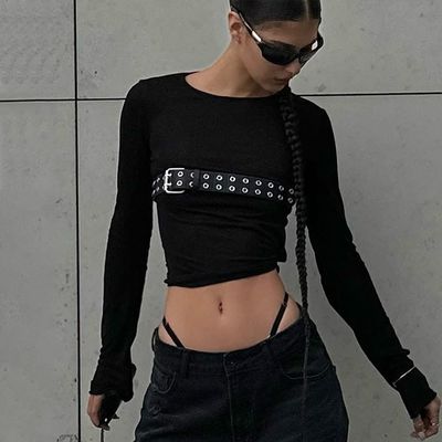 Fashion Spice Sexy Enge T-Shirts Runder Hals Schlank Langärme T-Shirt Solides Muster