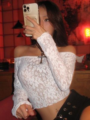 Spitze enges T-Shirt sexy Gewürz Spitze Halsschnitt Crop Top T-Shirt
