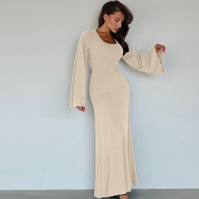 Stylische lange Ärmel schlankes Kleid U Hals Rücken Spitzen hoch feste Farbe lange Ärmel Kleider