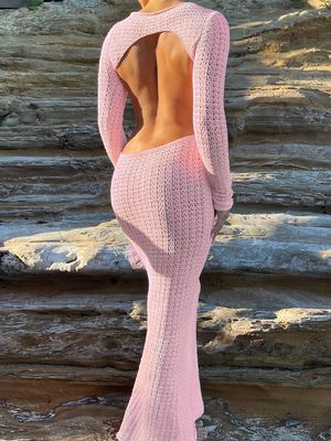 Wolle Gewebte offene Rücken Maxi Kleid sexy Hohlnetz Loch Langärme Rückenlos Kleid