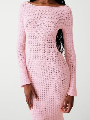 Wolle Gewebte offene Rücken Maxi Kleid sexy Hohlnetz Loch Langärme Rückenlos Kleid