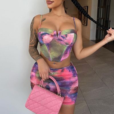 Fashion Crop Top Kurzrock Set Druck Halter Slim Fit 2 Stück Kurzrock Set