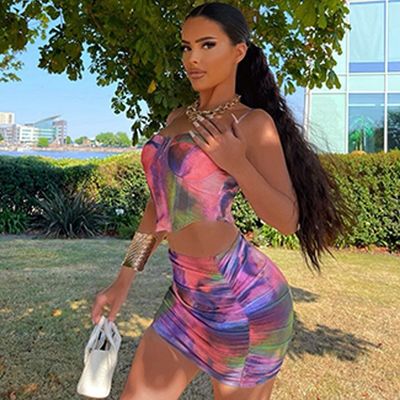 Fashion Crop Top Kurzrock Set Druck Halter Slim Fit 2 Stück Kurzrock Set