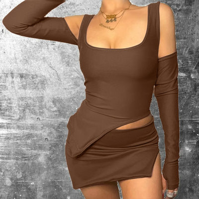 Frauen Freizeit Reisen Sexy Sport Outfits U Hals Schlank Split Kurzrock Und Top Set
