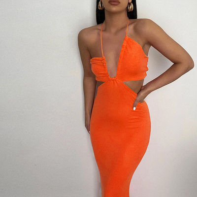 Pullover Schließung Heiß rosa Halter Kleid Baumwolle Halter Hals Niedrigrücken Kleid Frauen