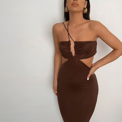 Pullover Schließung Heiß rosa Halter Kleid Baumwolle Halter Hals Niedrigrücken Kleid Frauen