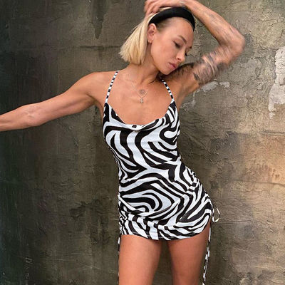 Schnürchen hoch Halter Damen Kleid Druck Sexy Rückenlos Schlankes Niedrig Rücken Halter Kleid